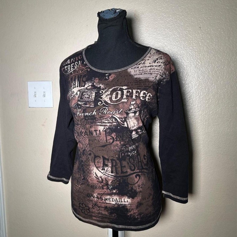 Blue Canyon Vintage Y2K Grunge Coffee Graphic Long Sleeve Top Large Brown Black